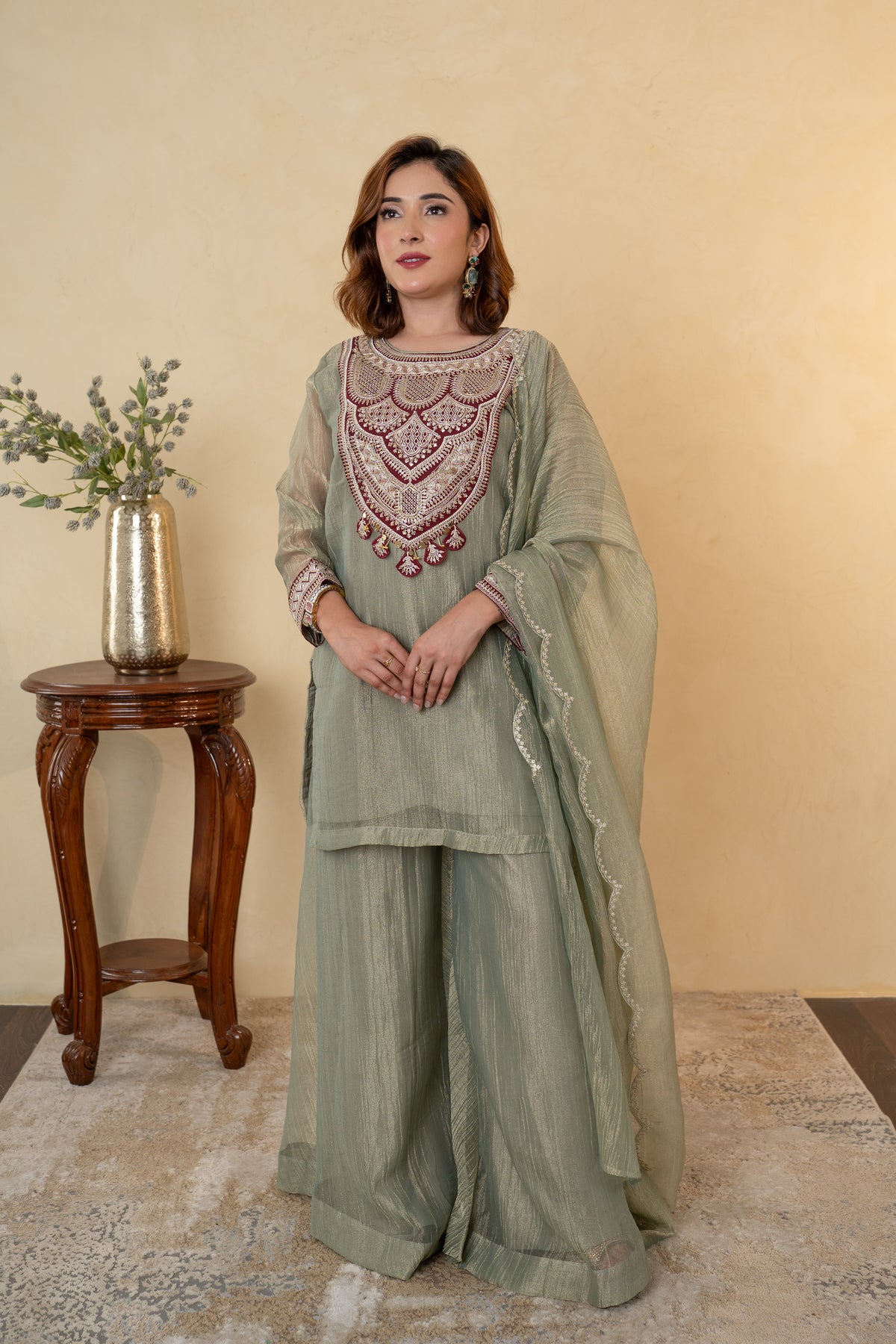 Pista Green Tissue Hand Work Sharara Suit