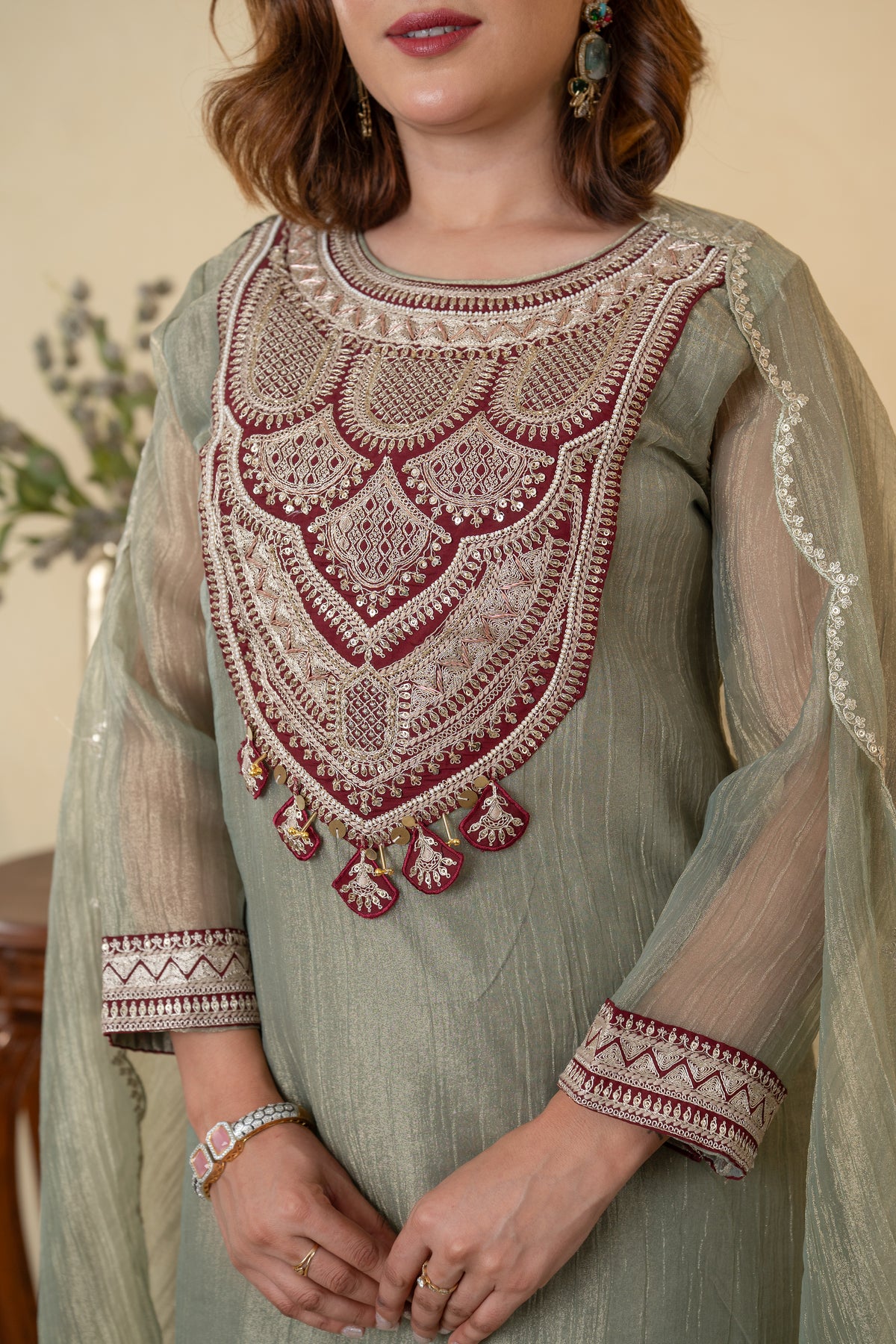 Pista Green Tissue Hand Work Sharara Suit