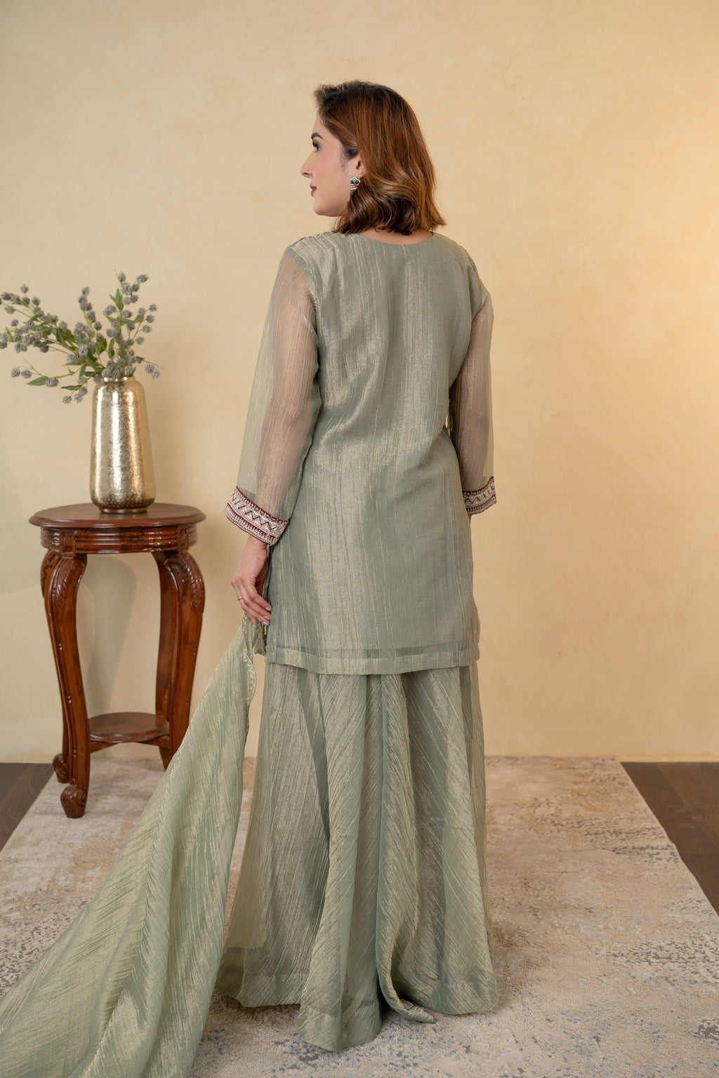Pista Green Tissue Hand Work Sharara Suit