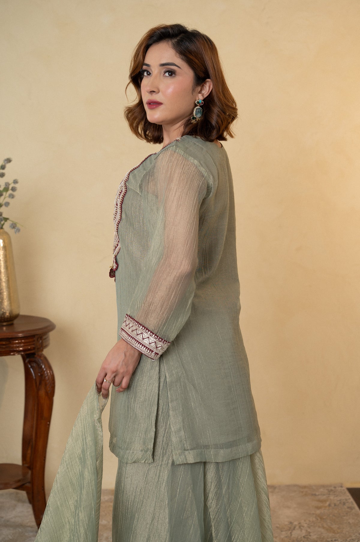 Pista Green Tissue Hand Work Sharara Suit