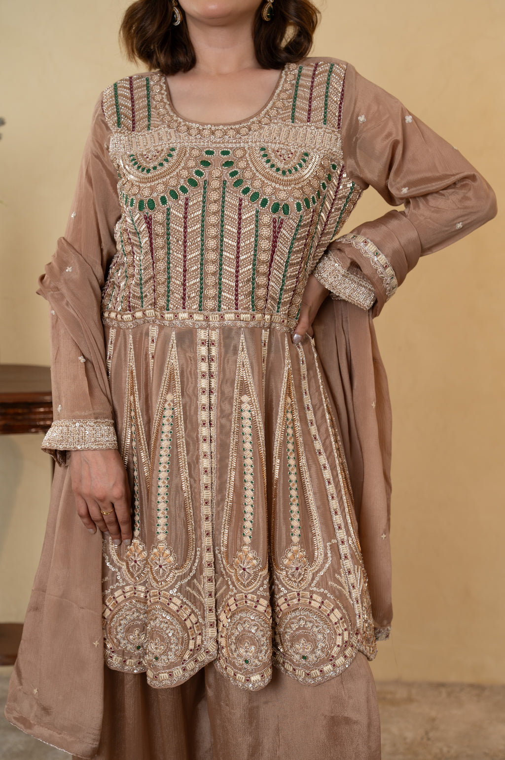 Light Brown Chinon Thread & Cutdana Embroidered Anarkali Sharara Suit