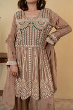 Light Brown Chinon Thread & Cutdana Embroidered Anarkali Sharara Suit