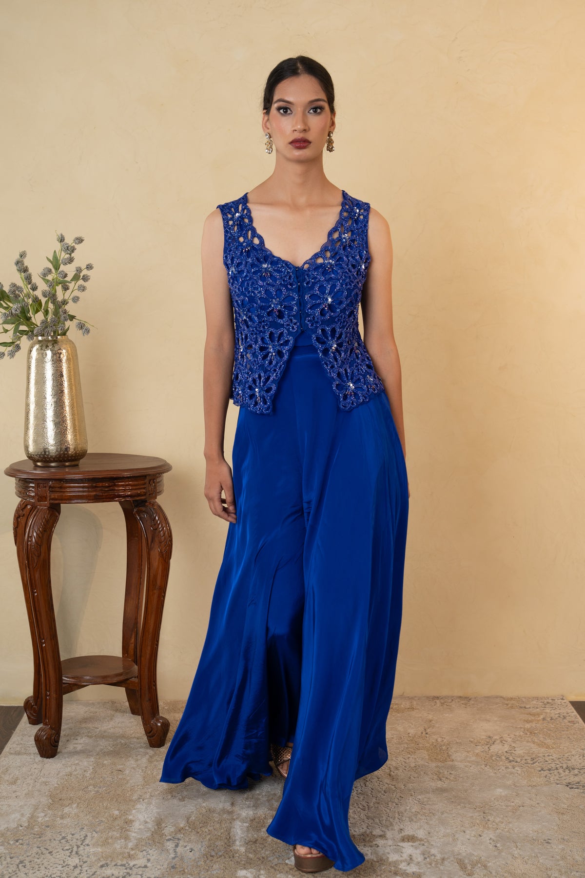 Royal Blue Pearl Work Palazzo Dress