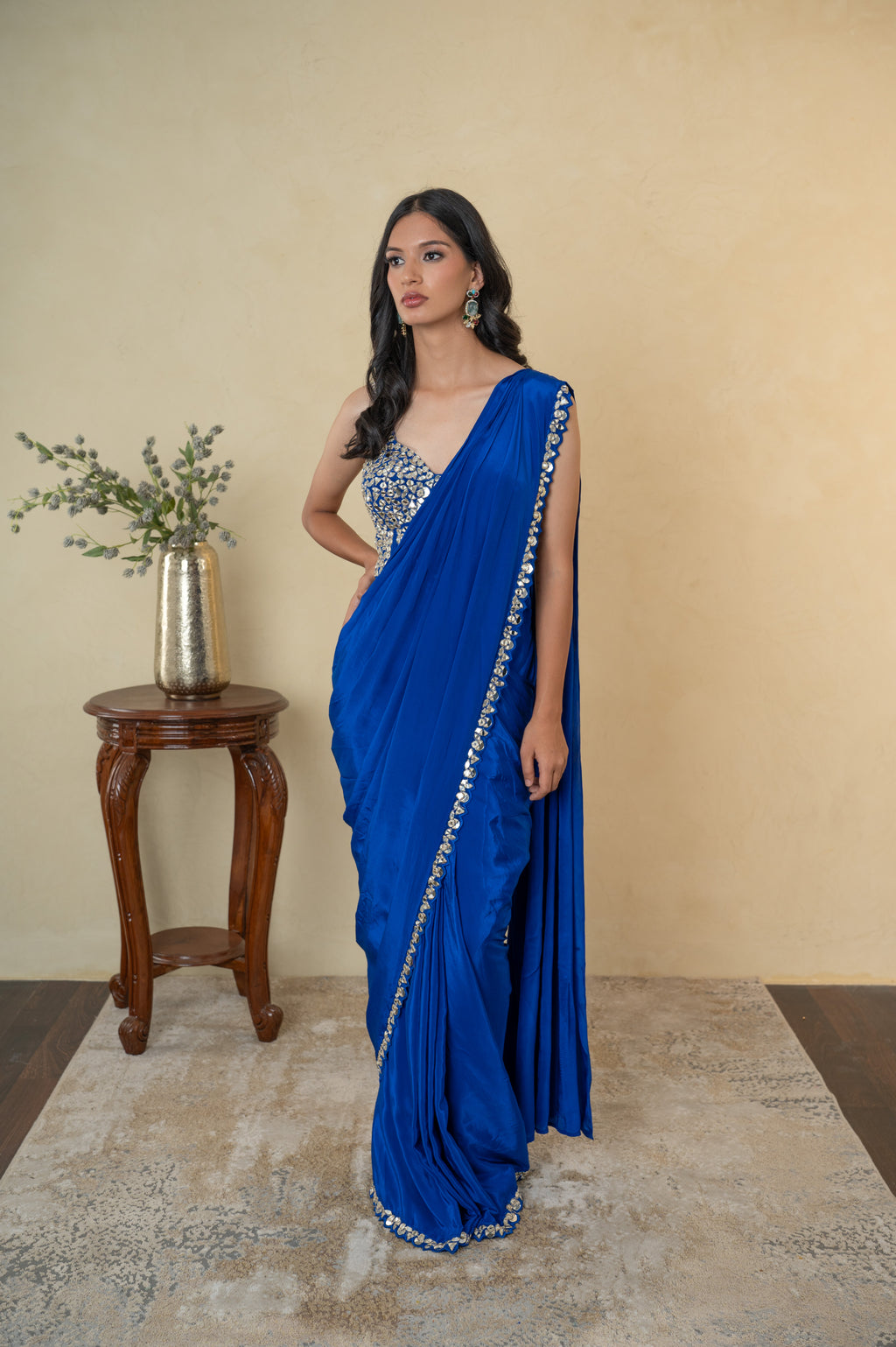 Royal Blue Mirror Work Drape Saree