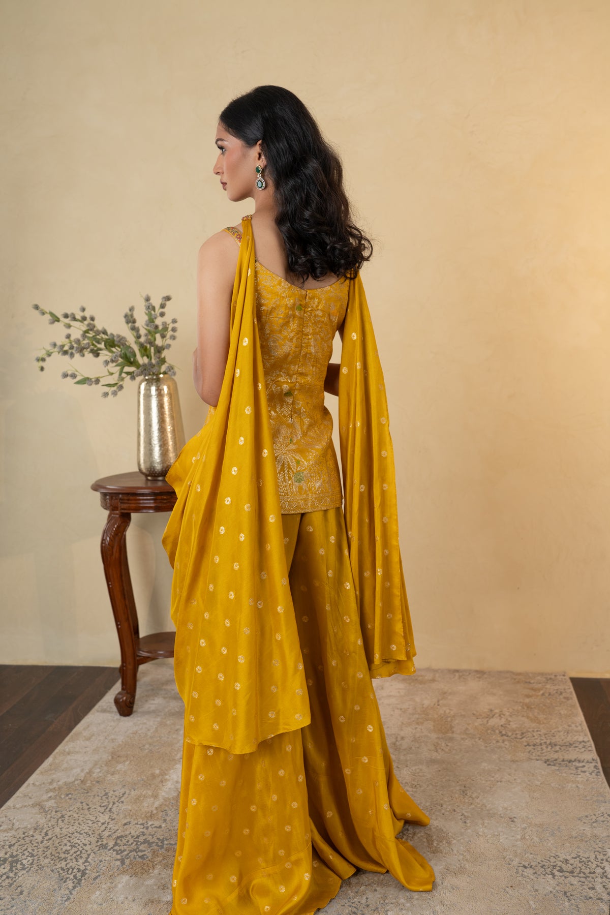 Mustard Yellow Silk Weaving Palazzo Dress