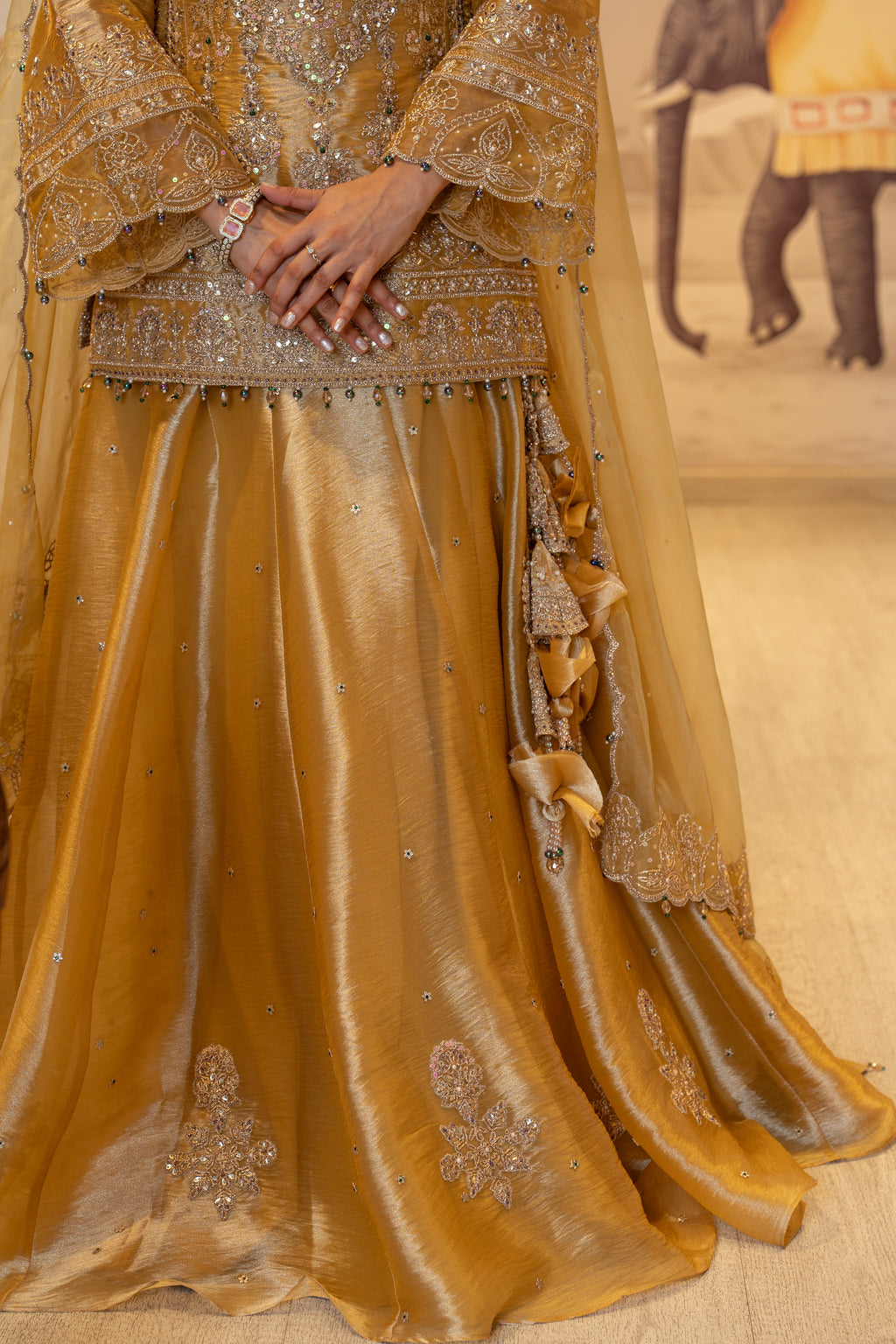 Mustard Gold Tissue Handwork Kurti Lehenga with Dupatta