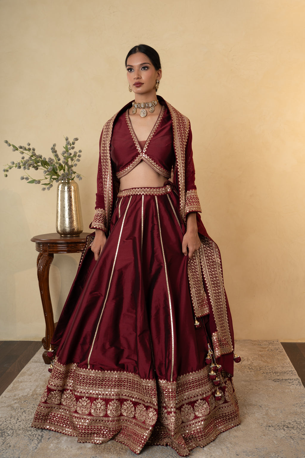 Maroon Silk Embroidered Lehenga Choli with Dupatta