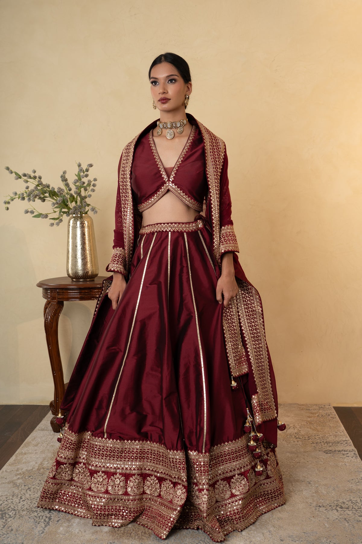 Maroon Silk Embroidered Lehenga Choli with Dupatta