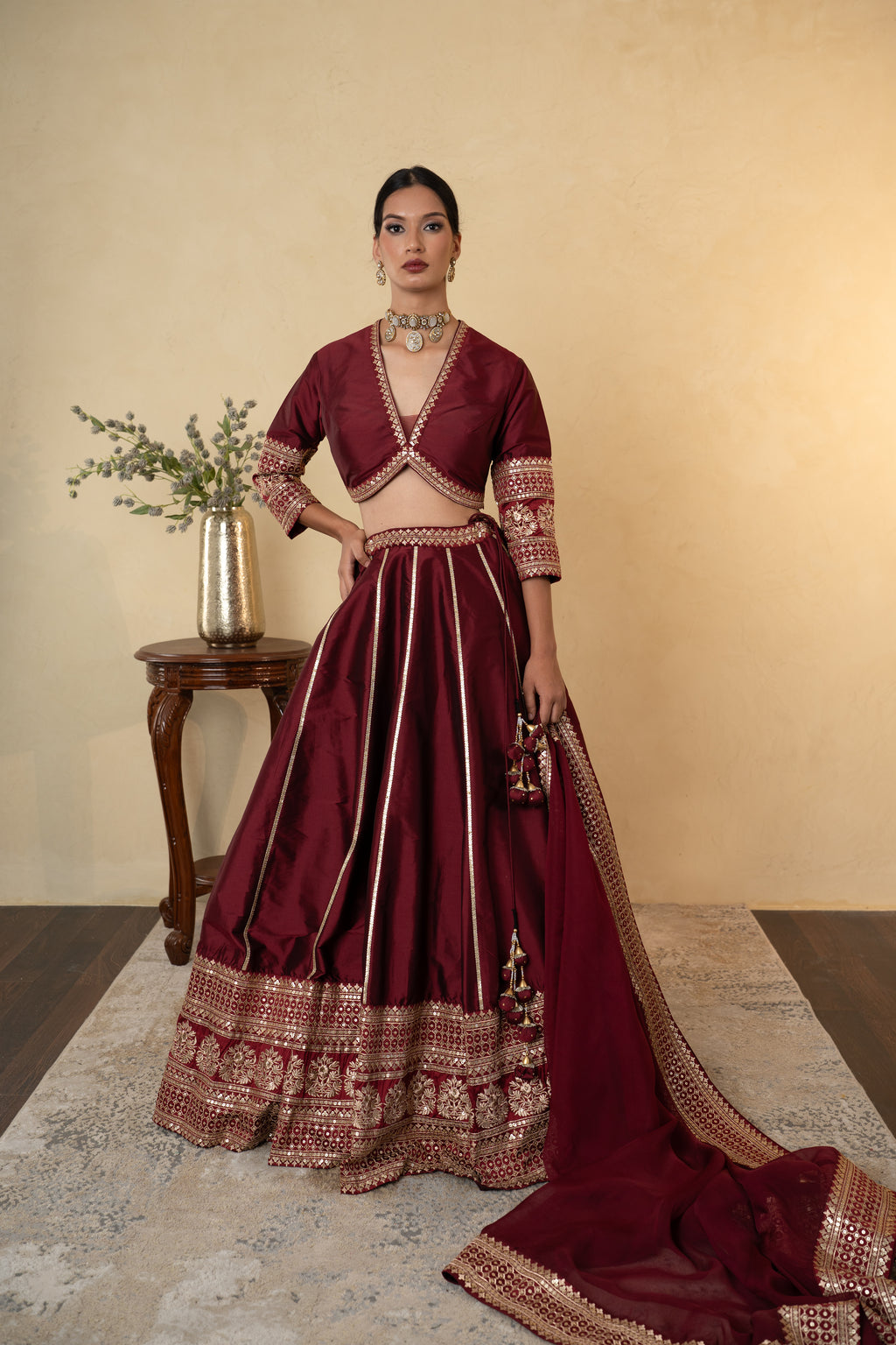 Maroon Silk Embroidered Lehenga Choli with Dupatta