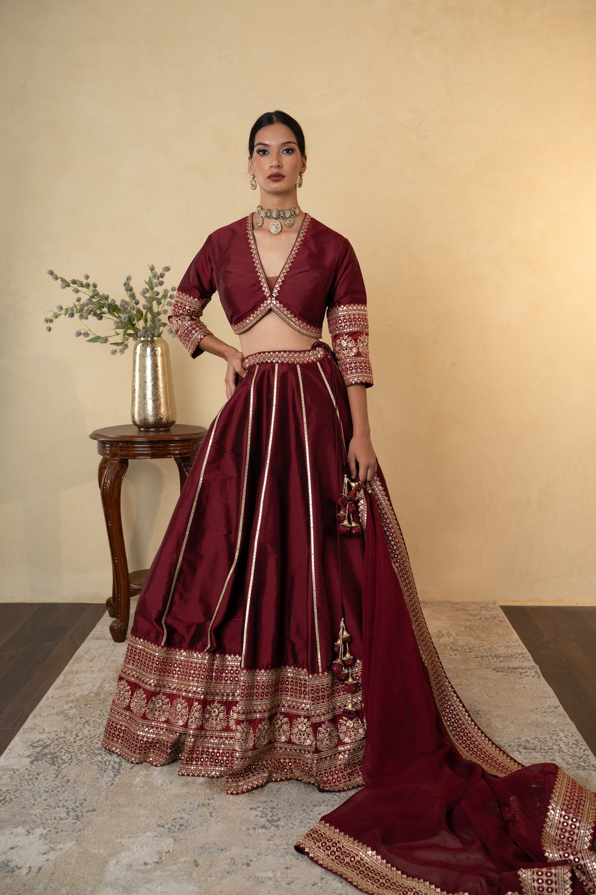Maroon Silk Embroidered Lehenga Choli with Dupatta