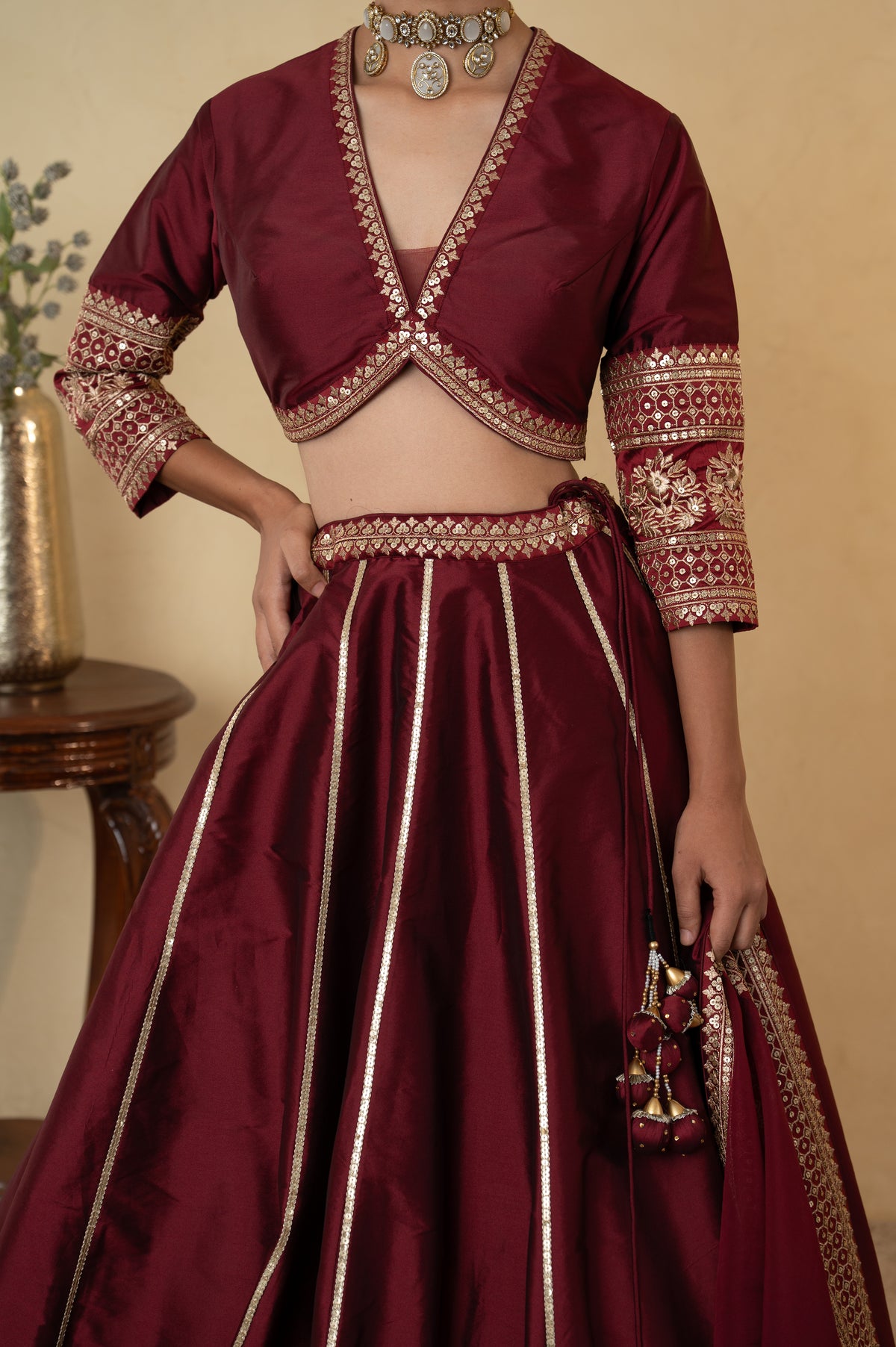 Maroon Silk Embroidered Lehenga Choli with Dupatta