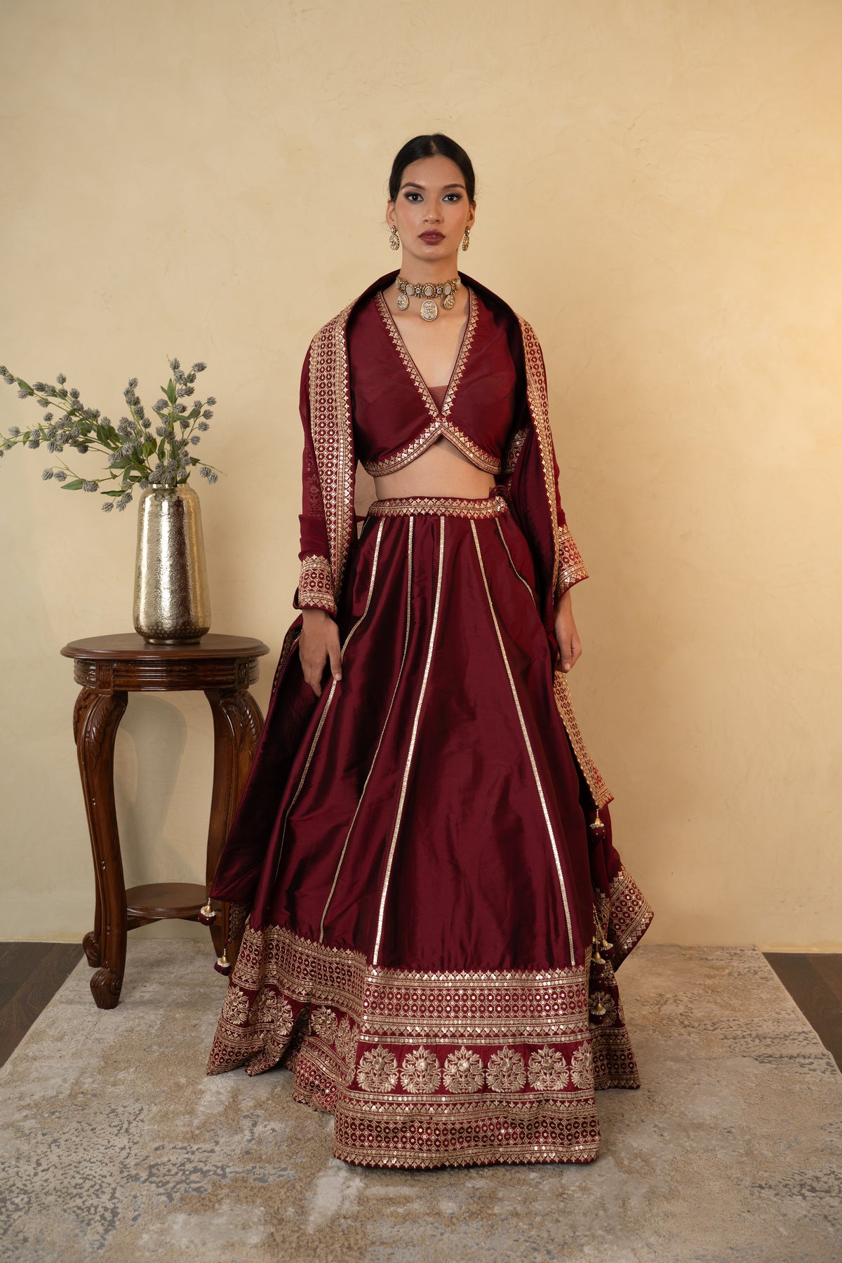 Maroon Silk Embroidered Lehenga Choli with Dupatta