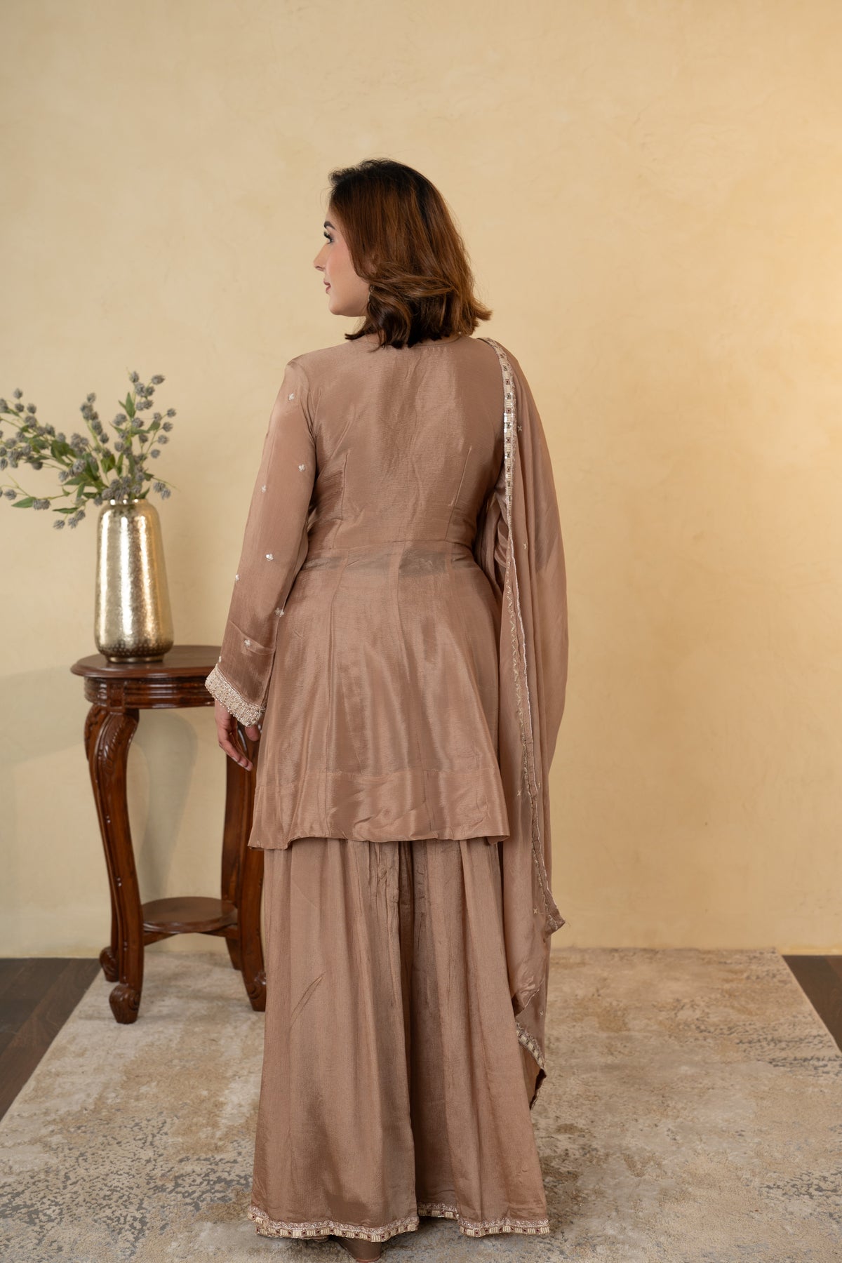 Light Brown Chinon Thread & Cutdana Embroidered Anarkali Sharara Suit