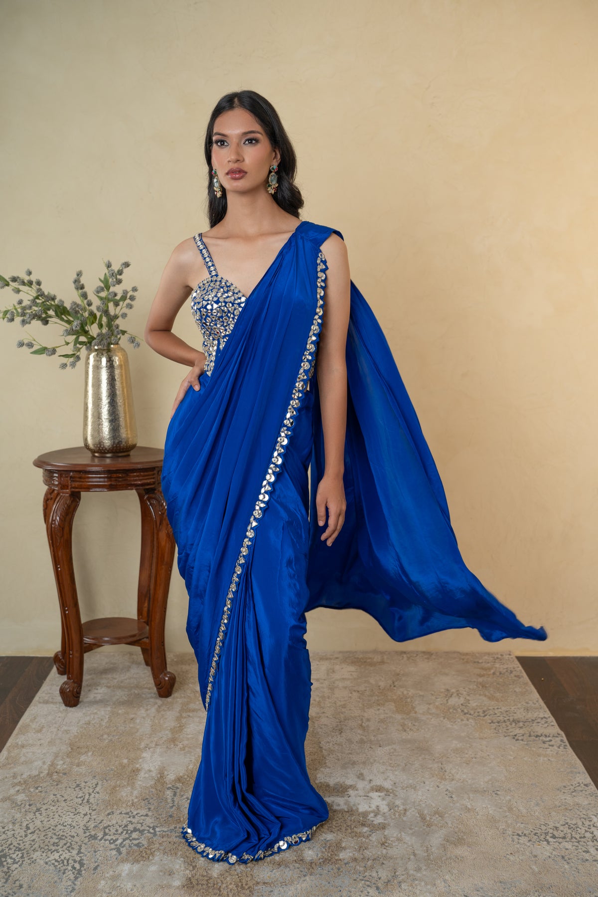 Royal Blue Mirror Work Drape Saree