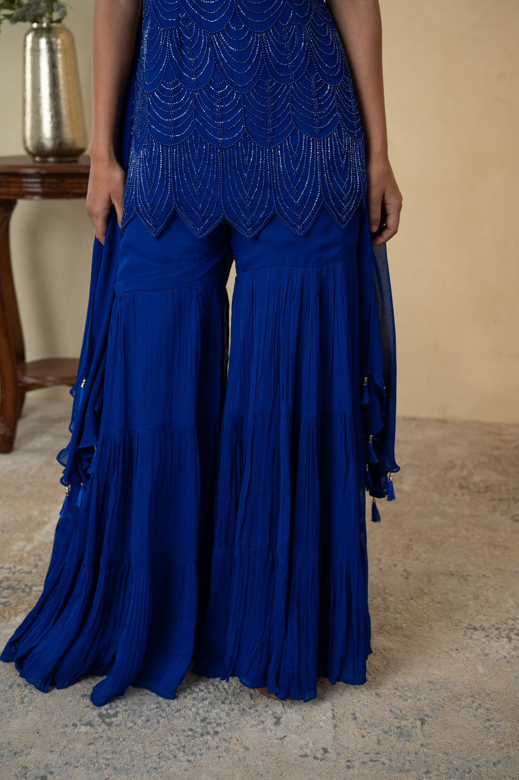 Royal Blue Pearl Work Kurti Garara with Dupatta