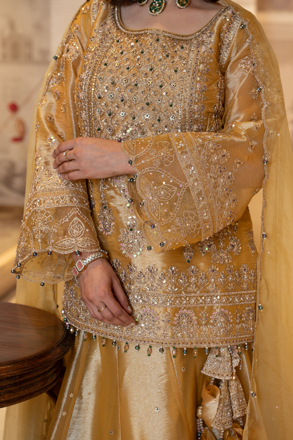 Mustard Gold Tissue Handwork Kurti Lehenga with Dupatta