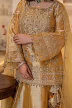 Mustard Gold Tissue Handwork Kurti Lehenga with Dupatta