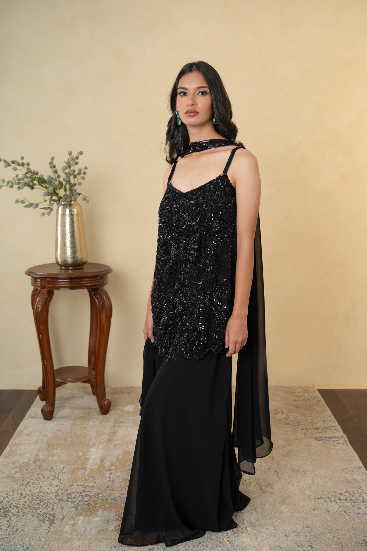 Black Georgette Sequence & Cutdana Work Palazzo Dress with Choker Dupatta