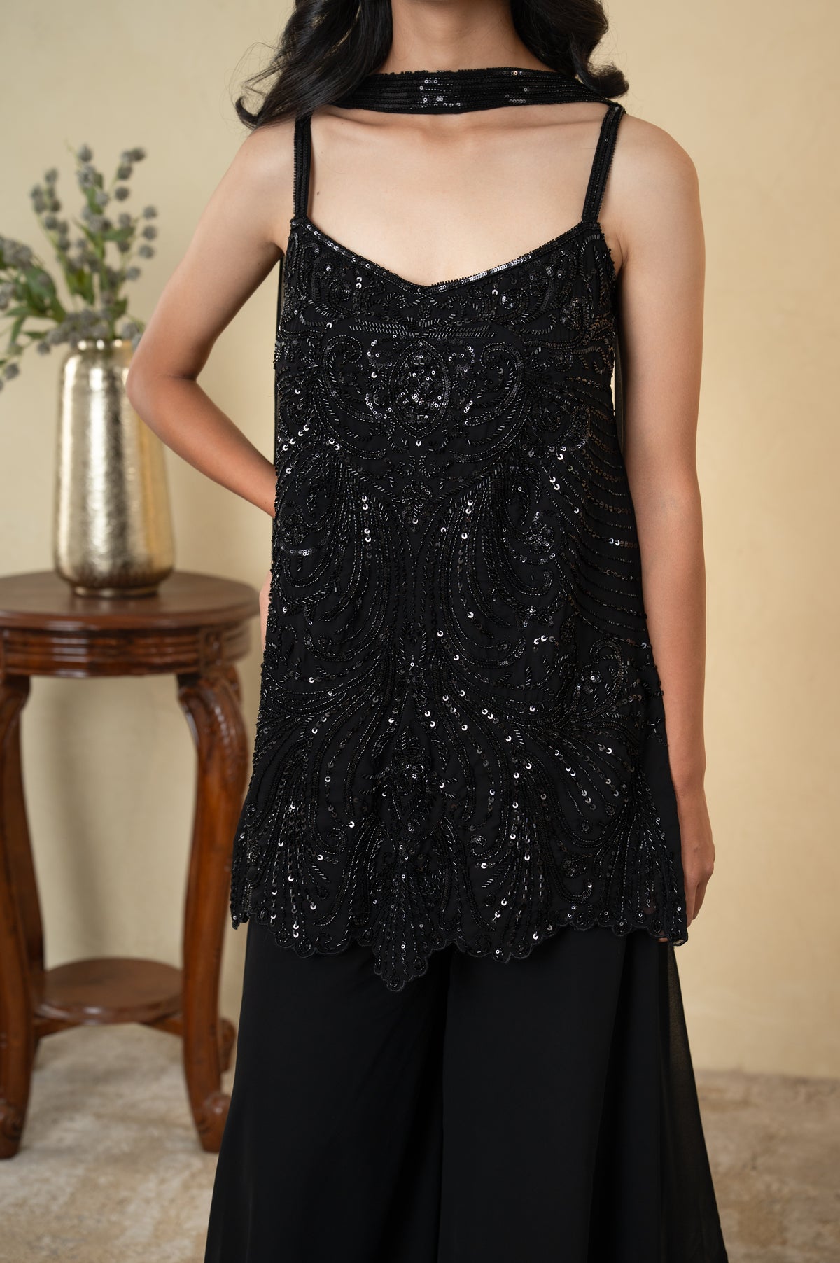 Black Georgette Sequence & Cutdana Work Palazzo Dress with Choker Dupatta