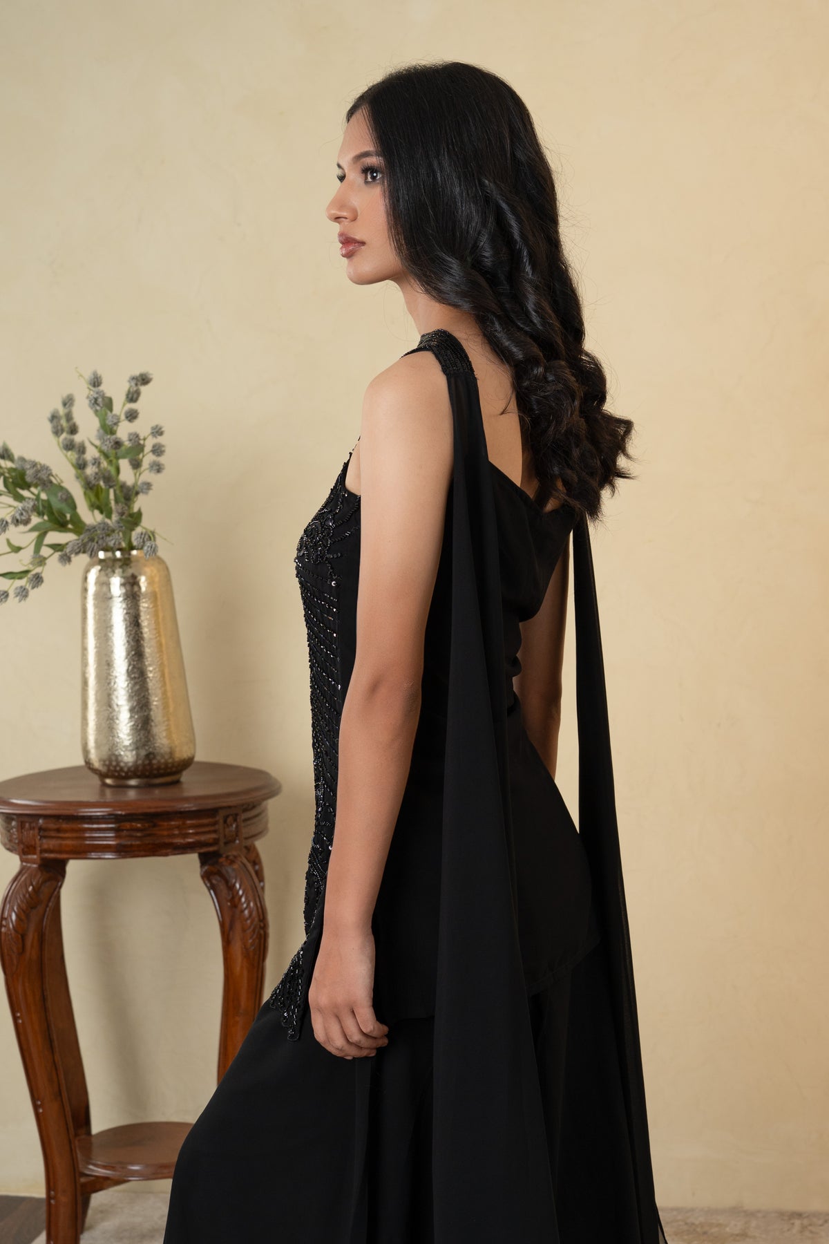 Black Georgette Sequence & Cutdana Work Palazzo Dress with Choker Dupatta