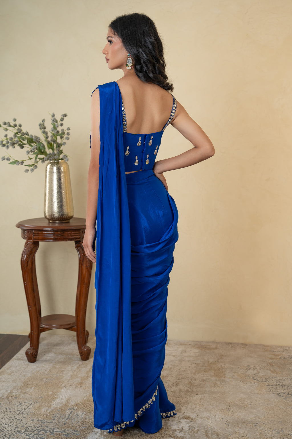 Royal Blue Mirror Work Drape Saree