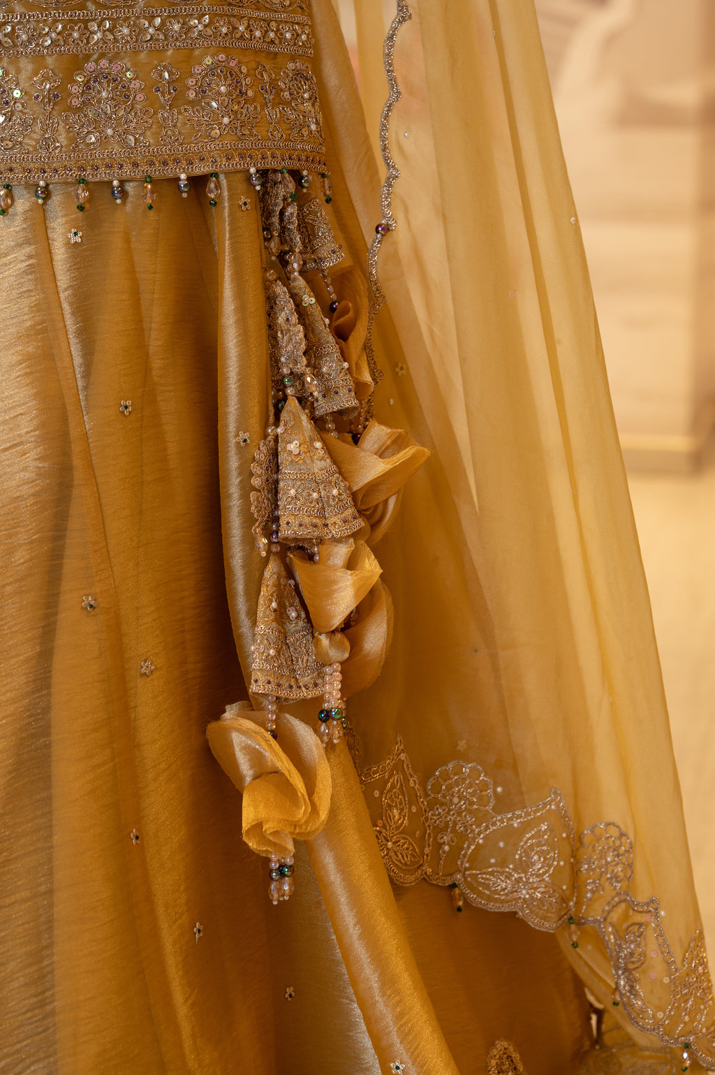 Mustard Gold Tissue Handwork Kurti Lehenga with Dupatta