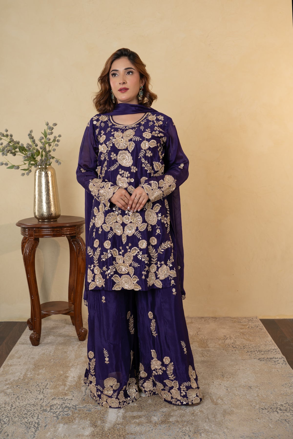 Purple Chinon Thread & Pearl Work Sharara Suit with Dupatta