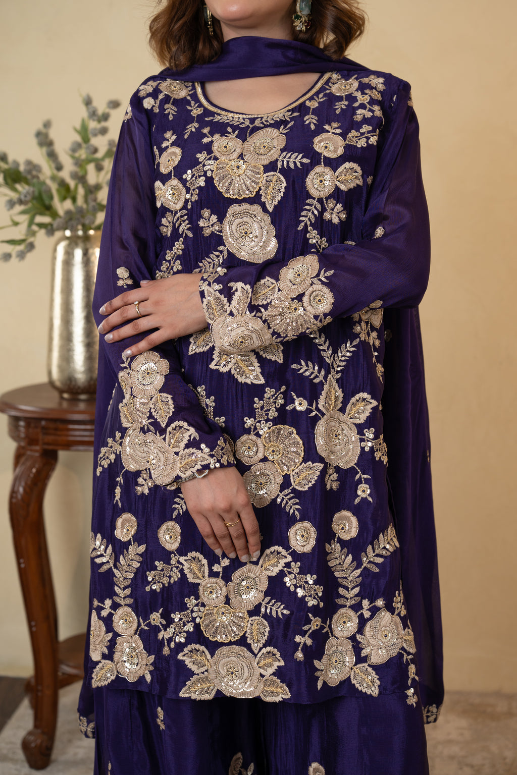 Purple Chinon Thread & Pearl Work Sharara Suit with Dupatta