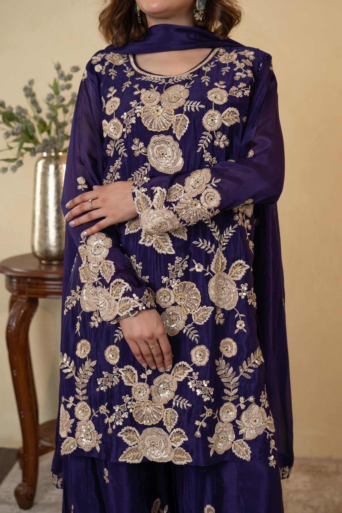 Purple Chinon Thread & Pearl Work Sharara Suit with Dupatta
