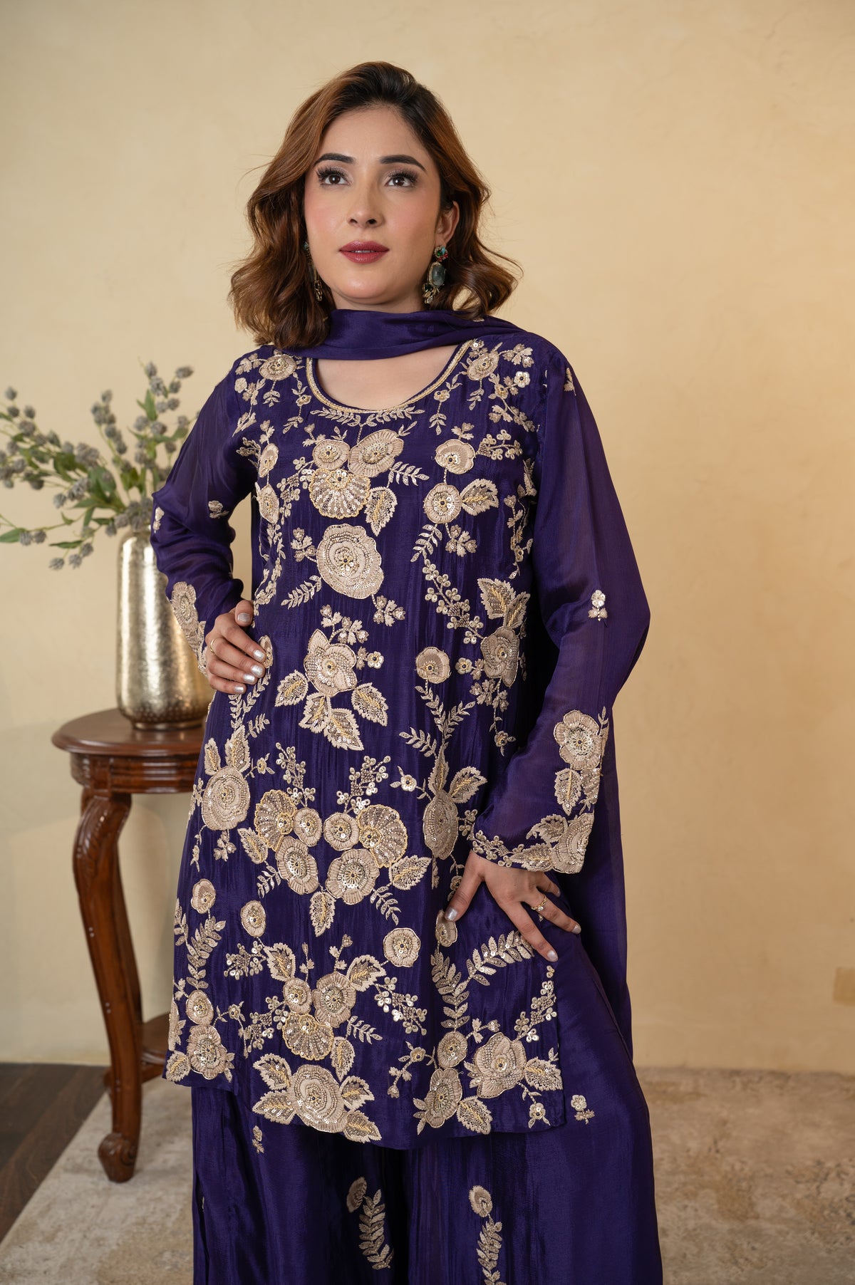 Purple Chinon Thread & Pearl Work Sharara Suit with Dupatta