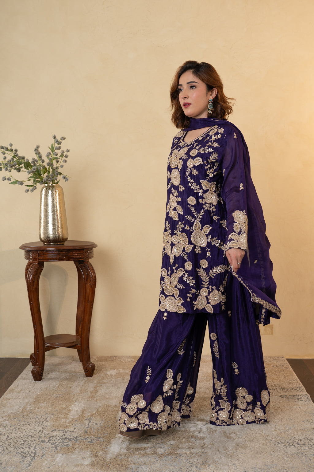 Purple Chinon Thread & Pearl Work Sharara Suit with Dupatta