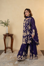 Purple Chinon Thread & Pearl Work Sharara Suit with Dupatta