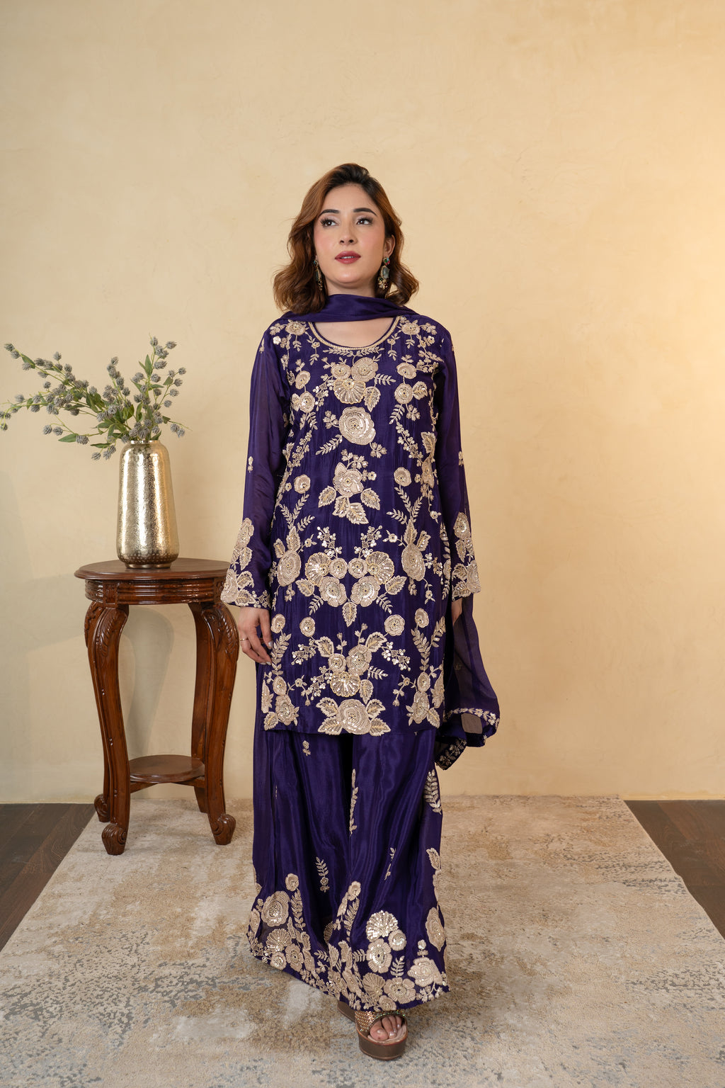 Purple Chinon Thread & Pearl Work Sharara Suit with Dupatta