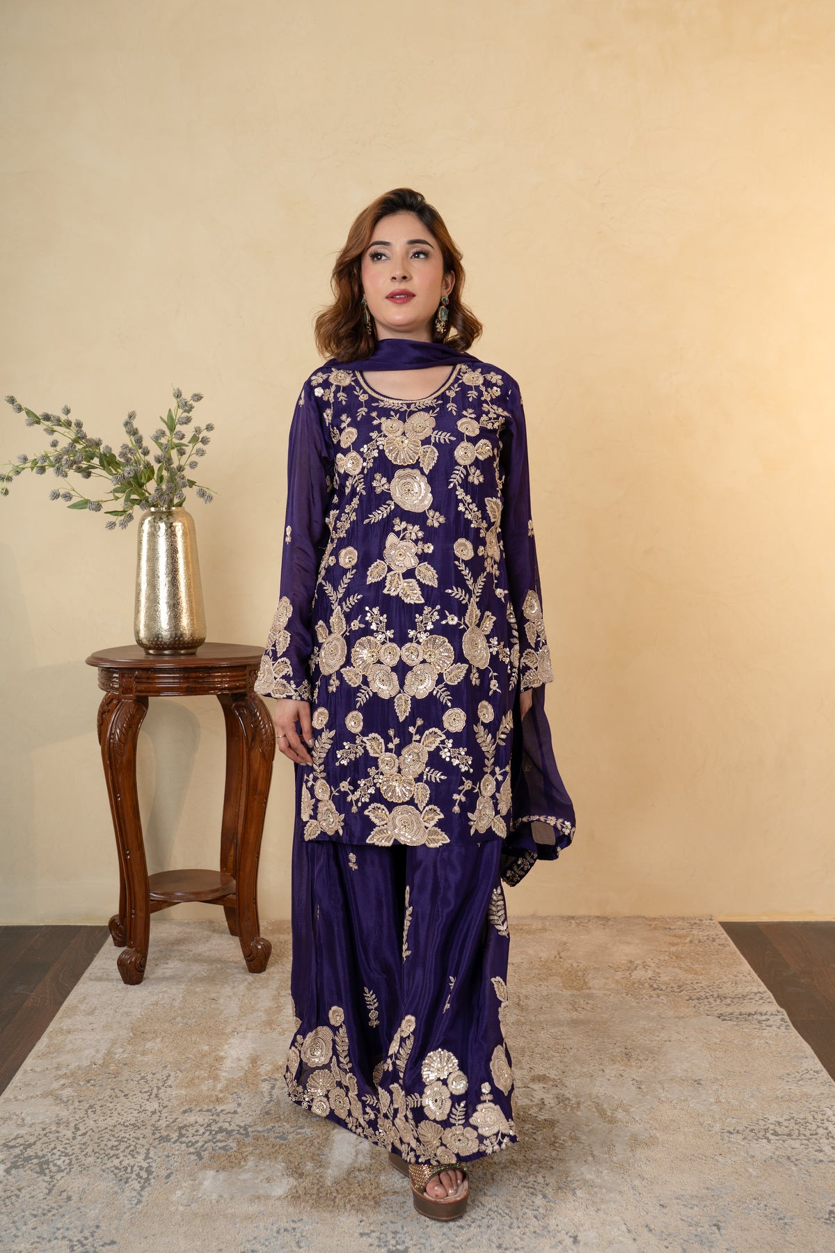 Purple Chinon Thread & Pearl Work Sharara Suit with Dupatta