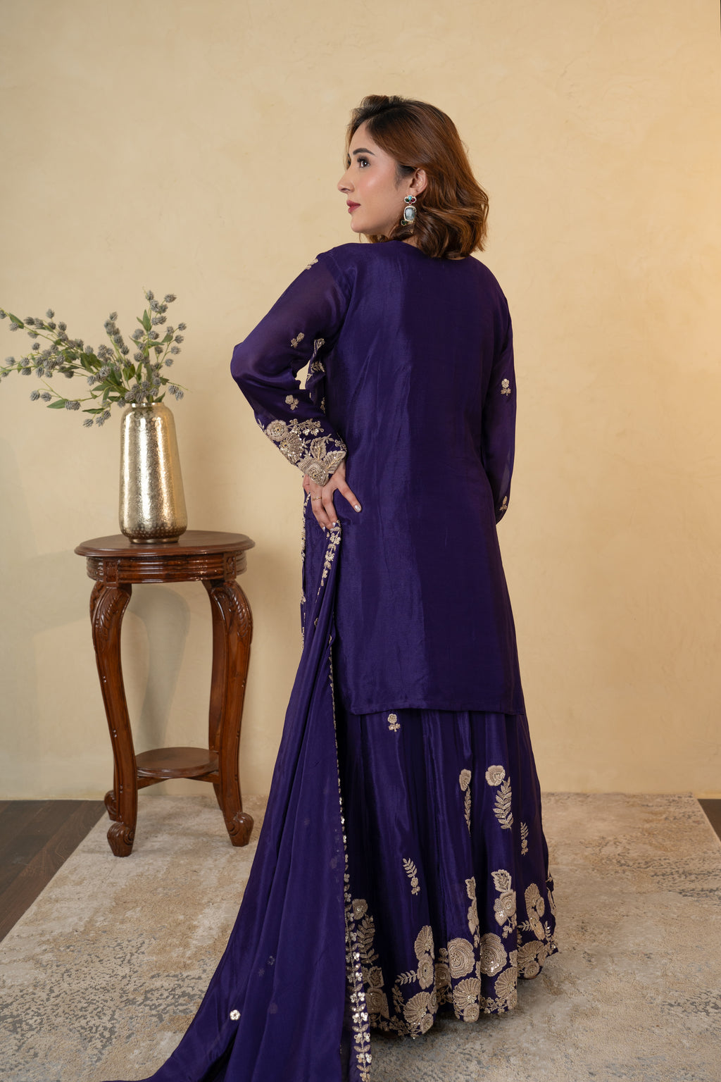 Purple Chinon Thread & Pearl Work Sharara Suit with Dupatta