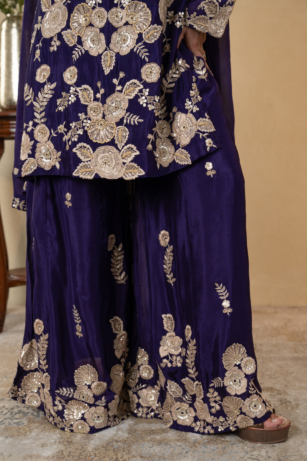 Purple Chinon Thread & Pearl Work Sharara Suit with Dupatta