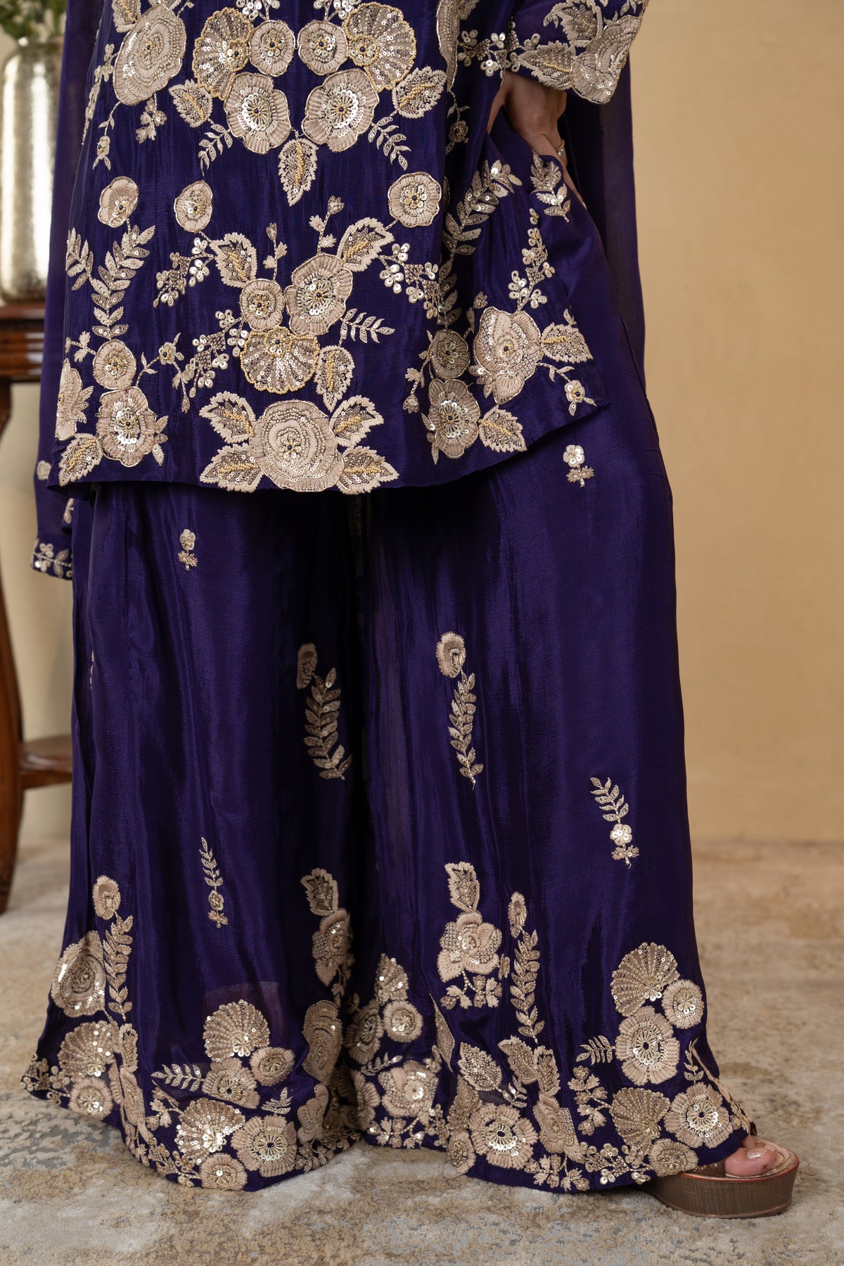 Purple Chinon Thread & Pearl Work Sharara Suit with Dupatta