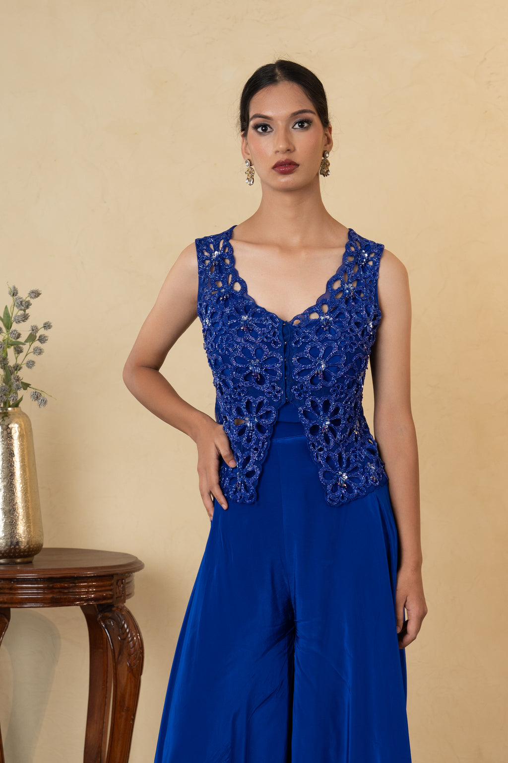 Royal Blue Pearl Work Palazzo Dress