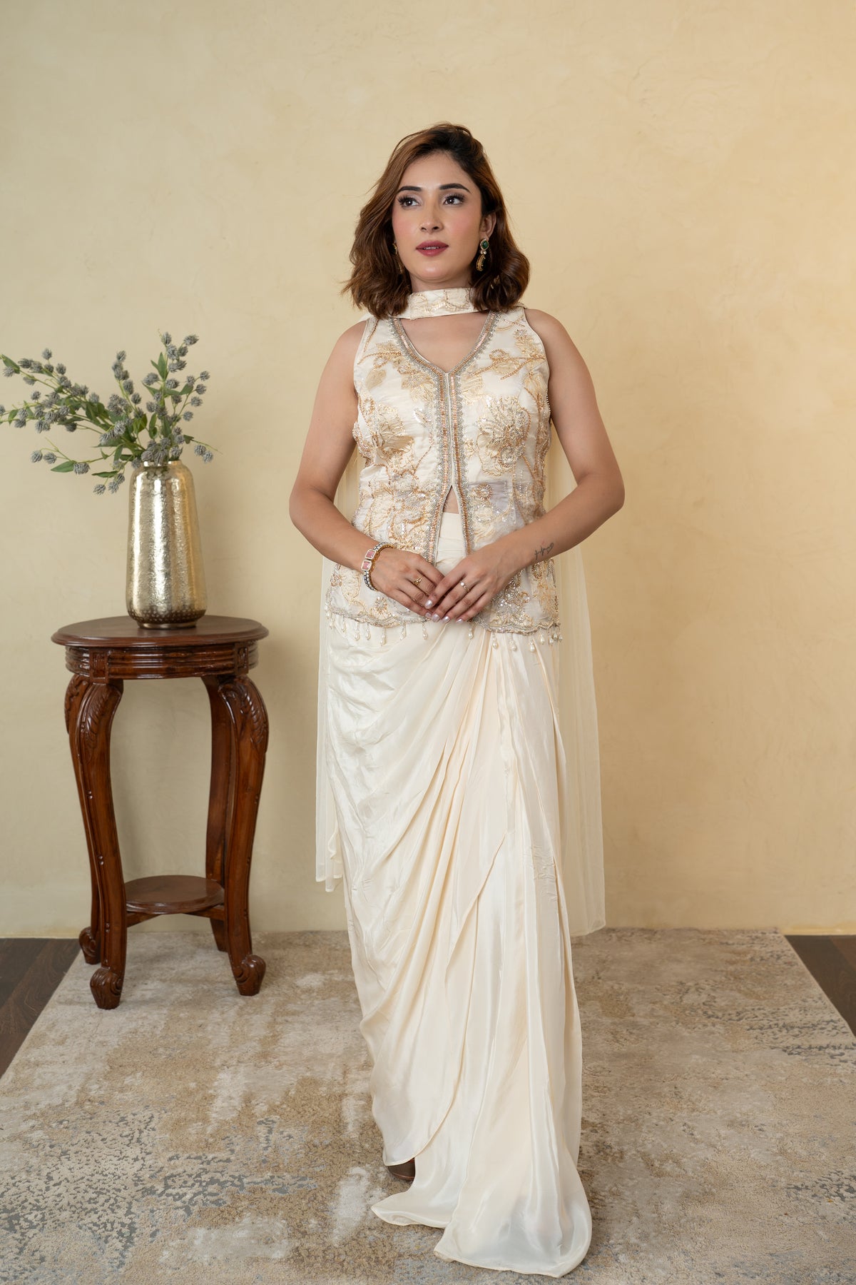 Ivory Tissue Cutdana & Pearl Work Pleated Skirt Dress with Choker Dupatta