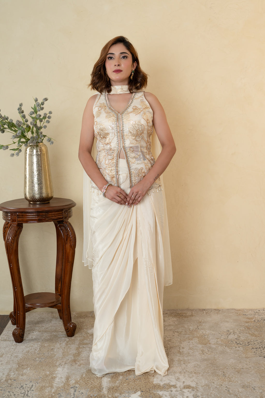 Ivory Tissue Cutdana & Pearl Work Pleated Skirt Dress with Choker Dupatta