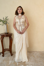 Ivory Tissue Cutdana & Pearl Work Pleated Skirt Dress with Choker Dupatta