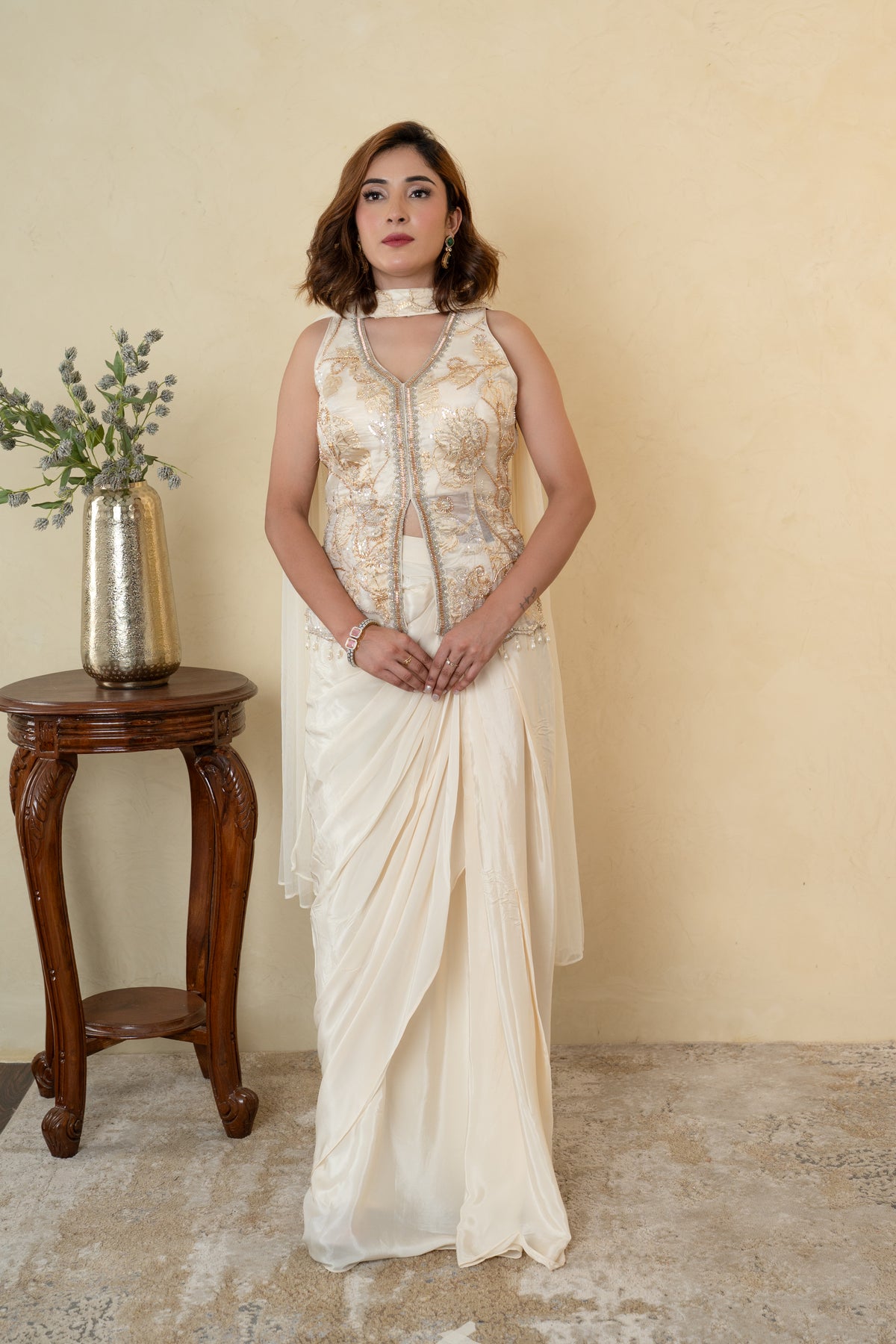 Ivory Tissue Cutdana & Pearl Work Pleated Skirt Dress with Choker Dupatta