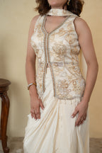 Ivory Tissue Cutdana & Pearl Work Pleated Skirt Dress with Choker Dupatta