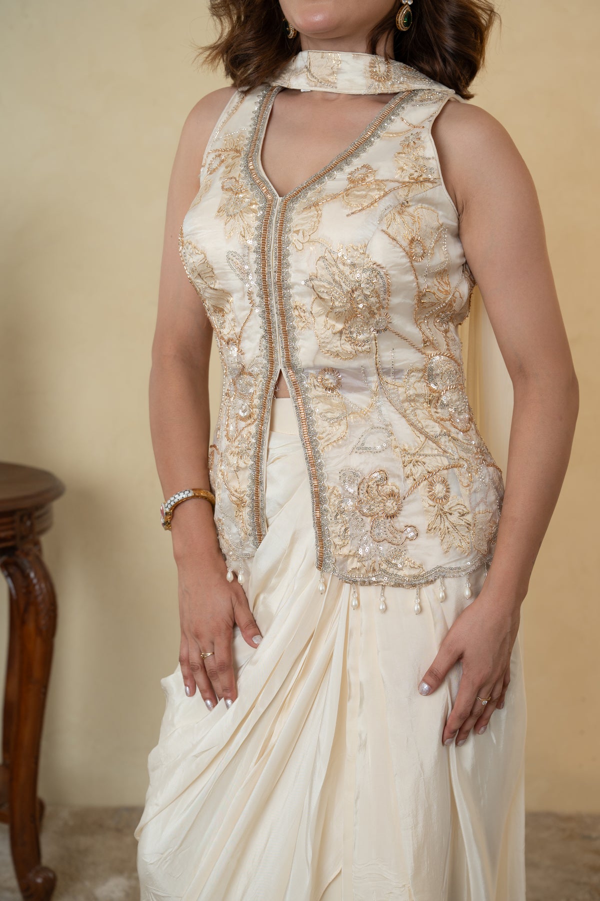 Ivory Tissue Cutdana & Pearl Work Pleated Skirt Dress with Choker Dupatta
