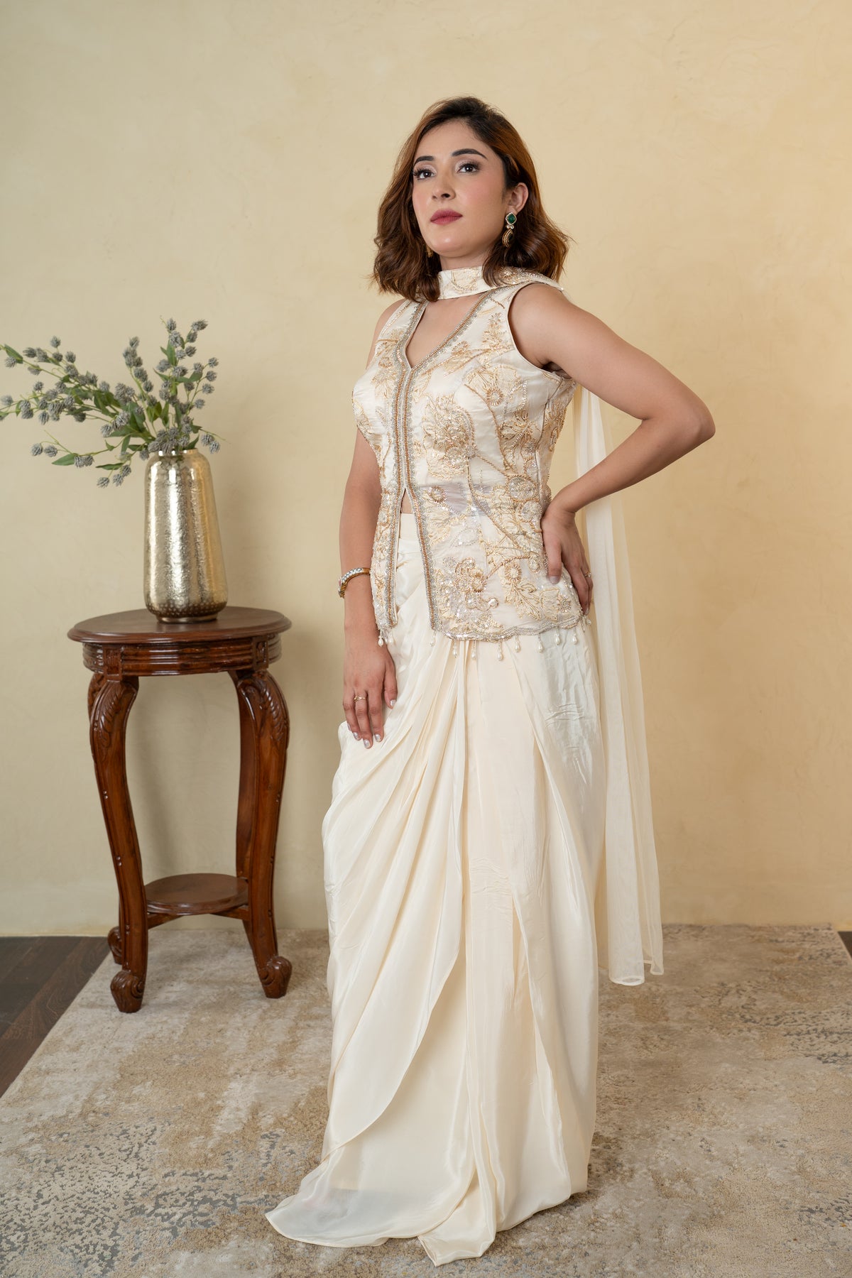 Ivory Tissue Cutdana & Pearl Work Pleated Skirt Dress with Choker Dupatta