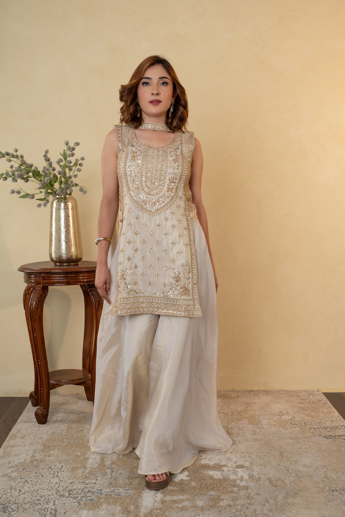 Ivory Tissue Cutdana Work Palazzo Dress with Choker Dupatta