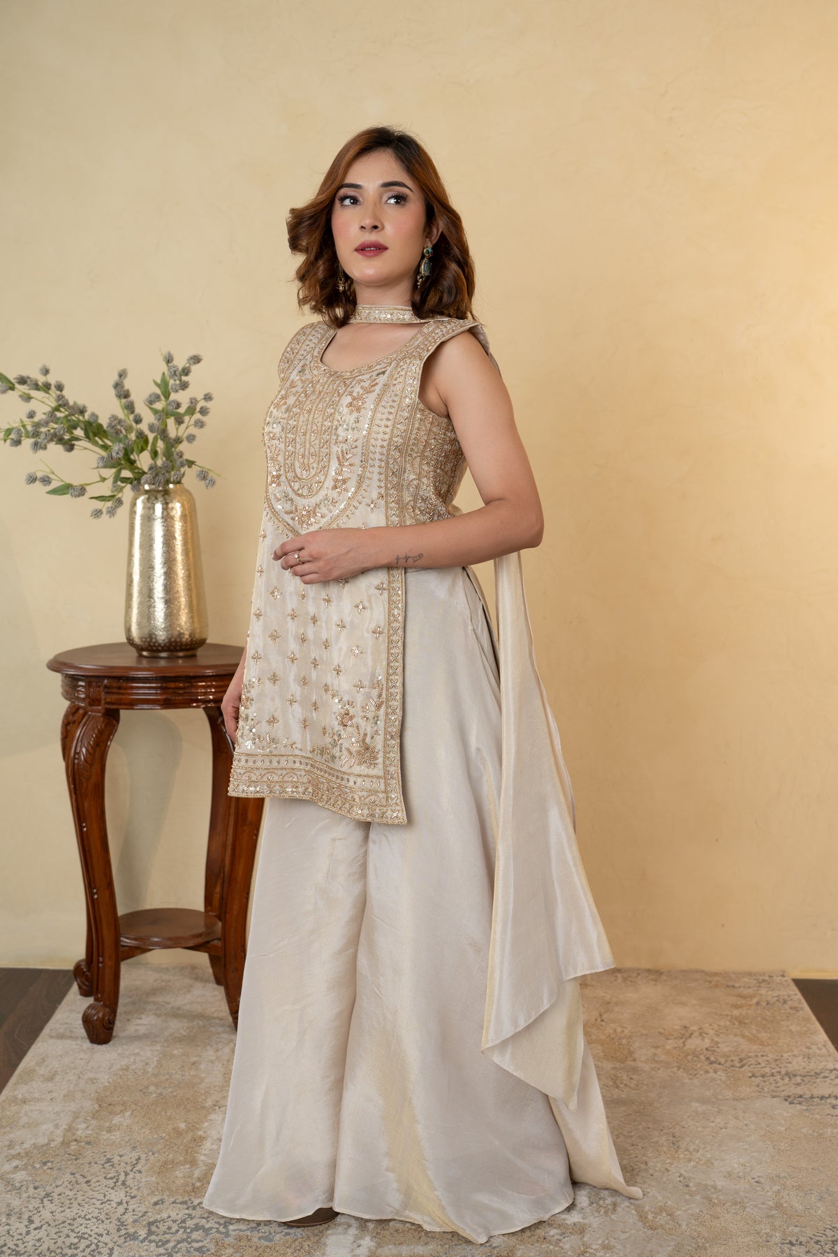 Ivory Tissue Cutdana Work Palazzo Dress with Choker Dupatta