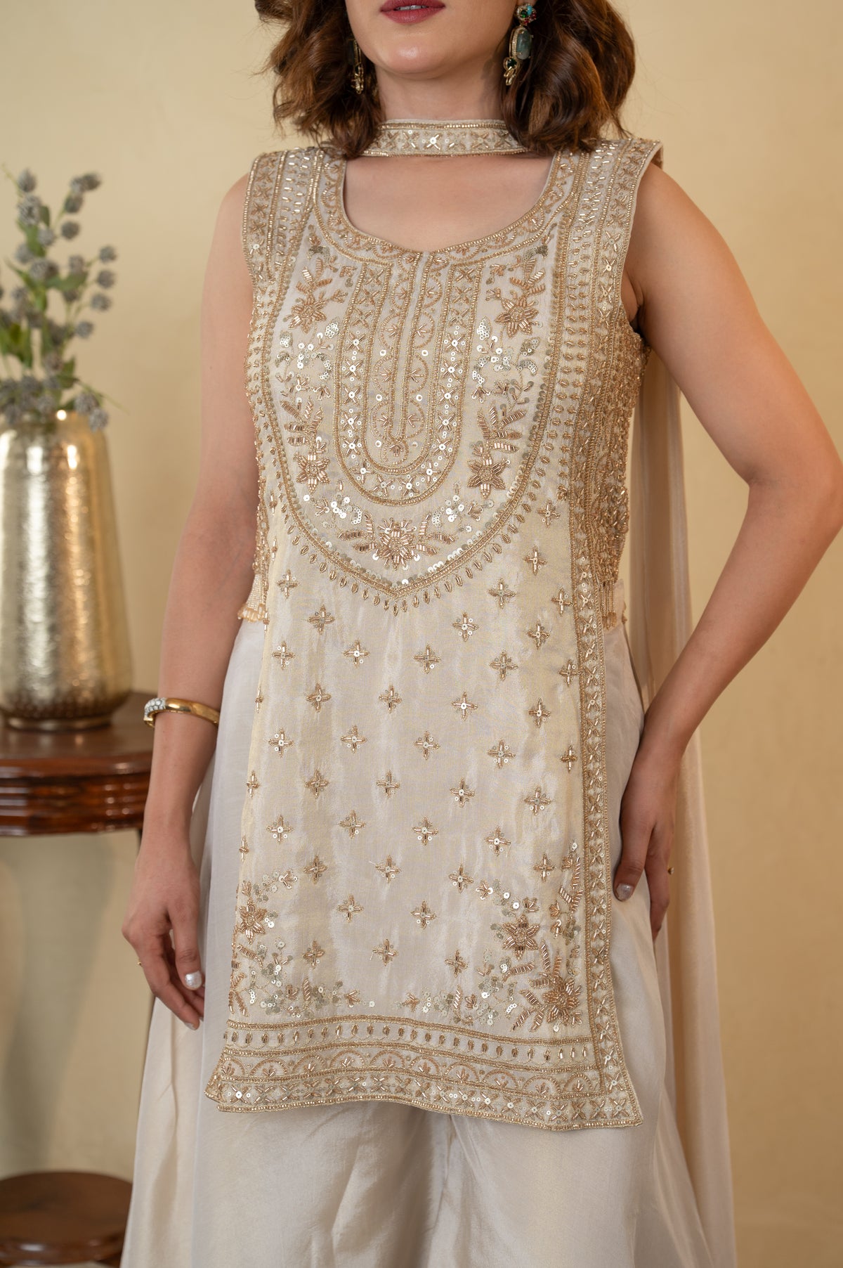 Ivory Tissue Cutdana Work Palazzo Dress with Choker Dupatta