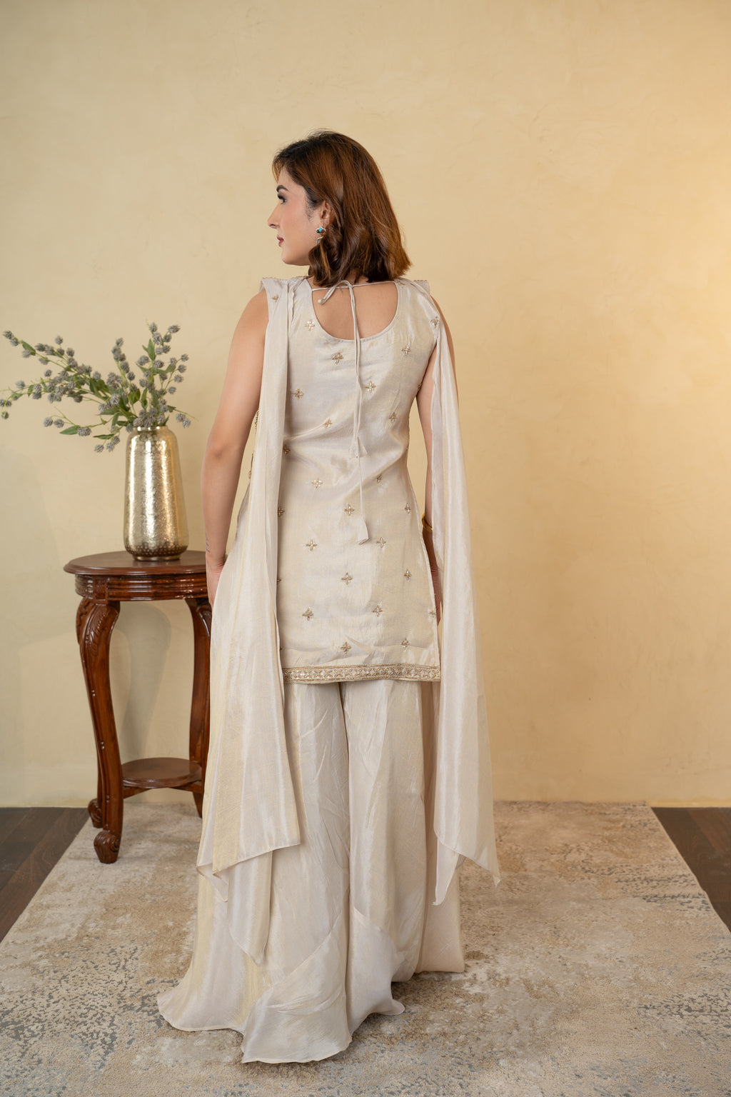 Ivory Tissue Cutdana Work Palazzo Dress with Choker Dupatta