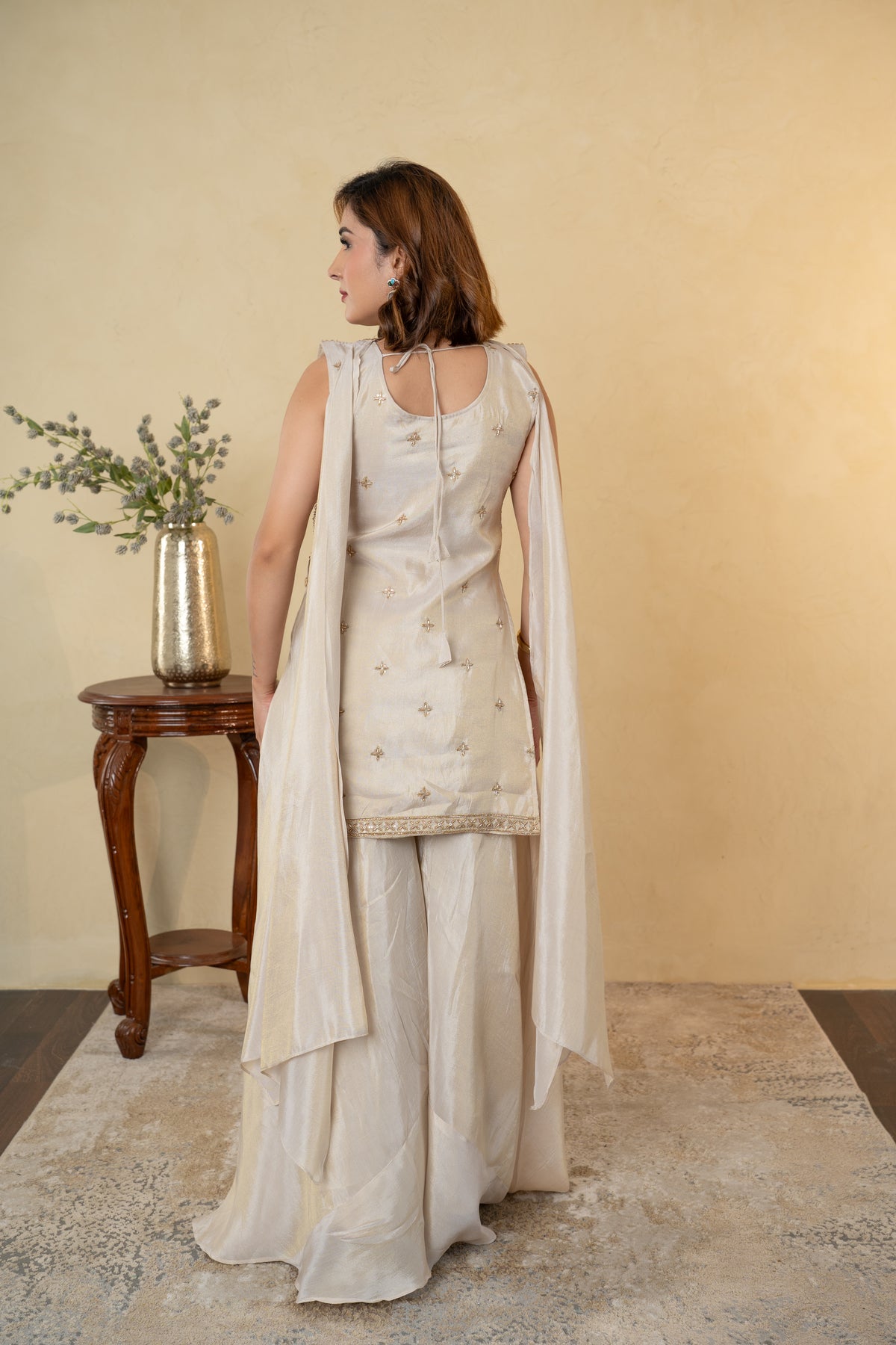Ivory Tissue Cutdana Work Palazzo Dress with Choker Dupatta